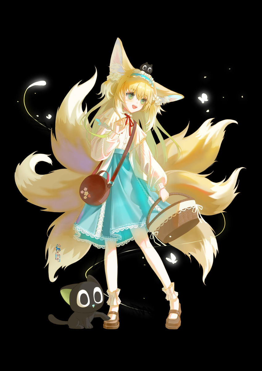 1girl absurdres animal_ears animal_on_head arknights basket black_background black_cat blue_hairband blue_skirt brown_footwear cat cat_on_head flower fox_ears fox_girl fox_tail full_body green_eyes hair_down hairband high-waist_skirt highres holding holding_basket kitsune lily_of_the_valley long_hair long_sleeves luoxiaohei multiple_tails neck_ribbon official_alternate_costume on_head open_mouth red_ribbon ribbon senlumilelu639 shirt shoes simple_background skirt socks solo standing suzuran_(arknights) suzuran_(spring_praise)_(arknights) tail the_legend_of_luo_xiaohei white_shirt white_socks