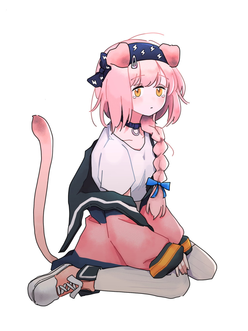 1girl animal_ears arknights blue_bow blue_choker blue_hairband bow braid braided_ponytail buiinq cat_ears cat_tail choker floppy_ears goldenglow_(arknights) hair_bow hair_ornament hairband hairclip highres jacket lightning_bolt_print lightning_bolt_symbol long_sleeves pink_footwear pink_hair pink_jacket shirt shoes short_sleeves simple_background sitting sneakers solo tail tears thigh-highs wariza white_background white_shirt white_thighhighs yellow_eyes