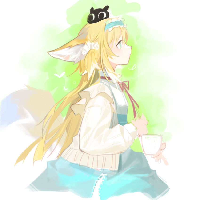 1girl absurdres animal_ears arknights bangs blonde_hair cardigan closed_mouth cup fox_ears fox_girl fox_tail from_side green_eyes green_hairband green_skirt hairband highres holding holding_cup long_hair long_sleeves multicolored_hair neck_ribbon open_cardigan open_clothes powerlesssong red_ribbon ribbon shirt skirt solo suzuran_(arknights) suzuran_(spring_praise)_(arknights) tail white_hair white_shirt yellow_cardigan