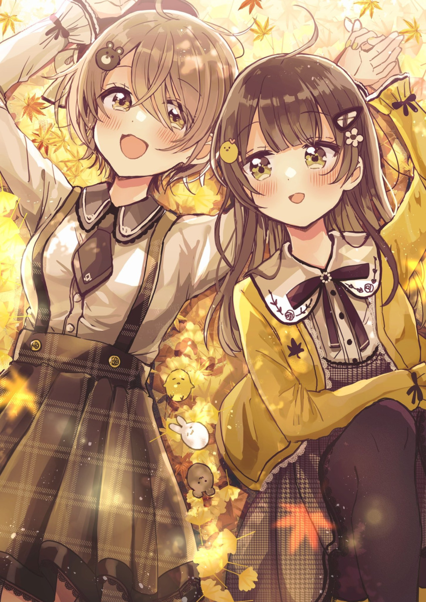 2girls :d ahoge arms_up autumn_leaves bangs bear_hair_ornament black_bow black_pantyhose blush bow breasts brown_dress brown_eyes brown_hair brown_skirt collared_shirt commentary_request dress dress_shirt feet_out_of_frame flower ginkgo_leaf hair_between_eyes hair_flower hair_ornament hairclip highres higuchi_kaede_(swing!!) jacket knee_up leaf long_hair lying maple_leaf multiple_girls okamoto_natsuhi on_back on_ground open_clothes open_jacket pantyhose pleated_skirt sakura_oriko shirt skirt small_breasts smile suspender_skirt suspenders swing!! translation_request white_flower white_shirt yellow_jacket