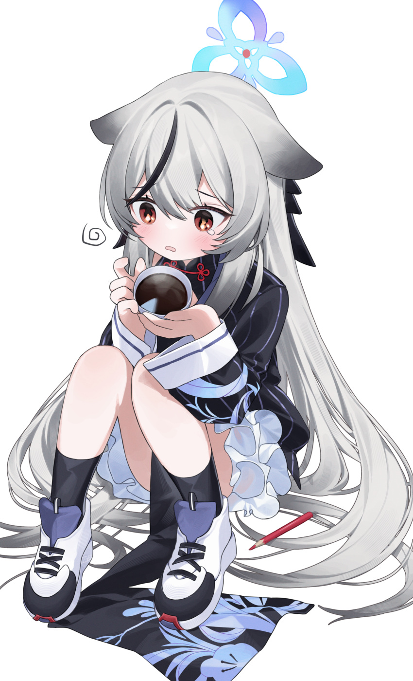 1girl absurdres bangs black_dress black_hair black_socks blue_archive blush chestnut_mouth commentary crossed_bangs cup dress frilled_dress frills full_body gradient_hair grey_hair halo highres holding holding_cup kokona_(blue_archive) long_hair long_sleeves multicolored_hair pencil shoes simple_background sneakers socks solo spiral streaked_hair teacup tearing_up tiko_(idadsa91) very_long_hair white_background white_footwear yellow_eyes