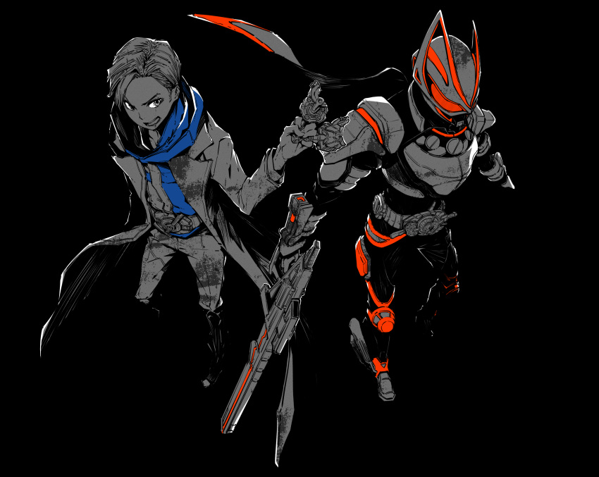 absurdres belt black_background blue_shirt boost_buckle commentary compound_eyes desire_driver driver_(kamen_rider) dual_persona floating_scarf fox_mask from_above greyscale gun highres holding holding_gun holding_weapon jacket kamen_rider kamen_rider_geats kamen_rider_geats_(series) kitsune linnnoj magnum_boost magnum_buckle magnum_shooter_40x mask monochrome open_mouth red_eyes rider_belt rifle scarf shirt simple_background sketch smile spot_color tokusatsu ukiyo_ace weapon