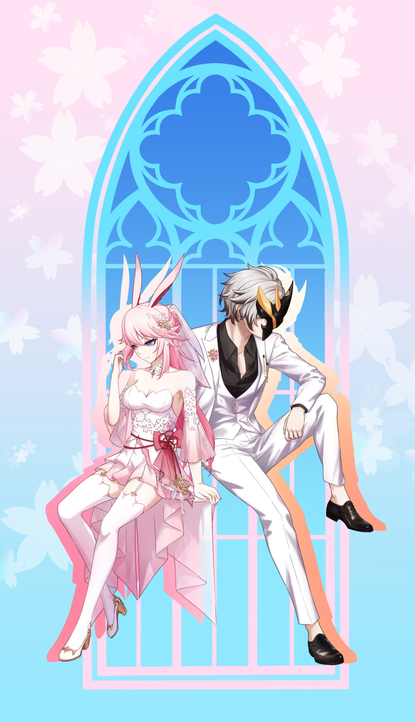 1boy 1girl absurdres animal_ears bare_shoulders black_footwear black_shirt blue_background bridal_veil closed_mouth collared_shirt dress flower formal fox_ears full_body gloves hair_flower hair_ornament high_heels highres honkai_(series) honkai_impact_3rd invisible_chair jacket kalpas_(honkai_impact) long_hair long_sleeves luyue pants pink_background pink_flower pink_hair sakura_(honkai_impact) shirt short_hair sitting strapless strapless_dress thigh-highs veil violet_eyes wedding_dress white_dress white_gloves white_hair white_jacket white_pants white_thighhighs yae_sakura yae_sakura_(flame_sakitama)