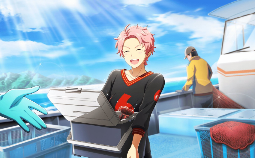 2boys antenna_hair black_shirt blue_sky blush boat closed_eyes crate gloves highres holding idolmaster idolmaster_side-m idolmaster_side-m_live_on_stage! kabuto_daigo lobster male_focus multiple_boys ocean official_art open_mouth out_of_frame pink_hair print_shirt shirt sky smile teeth upper_teeth watercraft