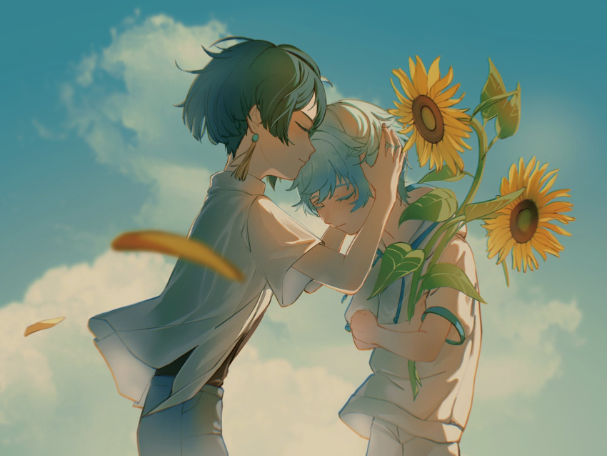 2boys blue_hair blue_sky blurry blurry_foreground child chongyun_(genshin_impact) closed_mouth clouds cloudy_sky crossed_arms day earrings face-to-face flower genshin_impact hand_on_another's_head highres holding holding_plant huanggou8921 jewelry leaf lily_(flower) male_child male_focus multiple_boys outdoors plant short_hair short_sleeves single_earring sky wind xingqiu_(genshin_impact)