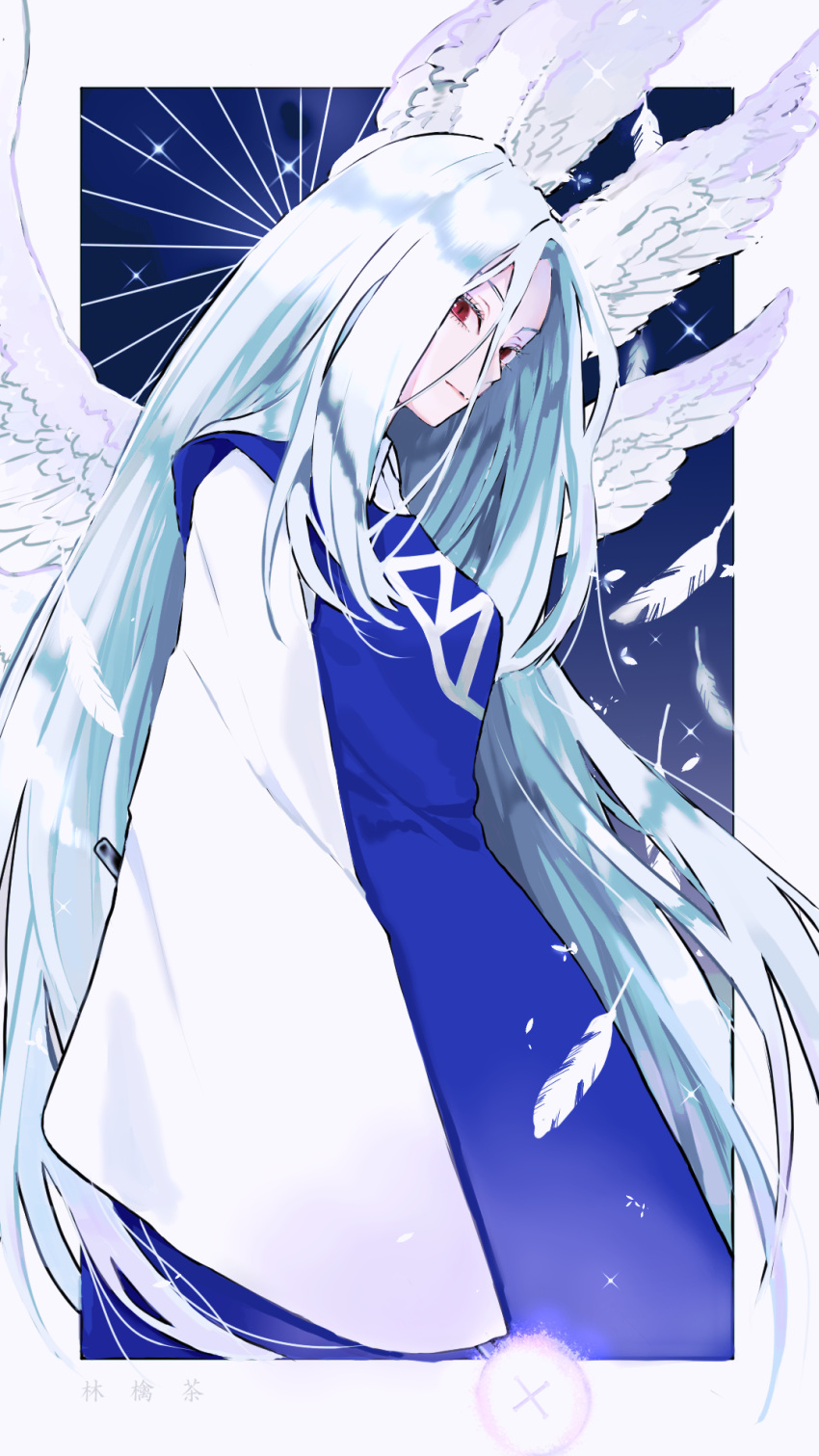 1girl albino angel angel_wings blue_dress breasts dress feathered_wings feathers highres long_hair long_sleeves looking_at_viewer multiple_wings red_eyes ringocha sariel_(touhou) seraph solo touhou touhou_(pc-98) very_long_hair white_hair white_wings wide_sleeves wings