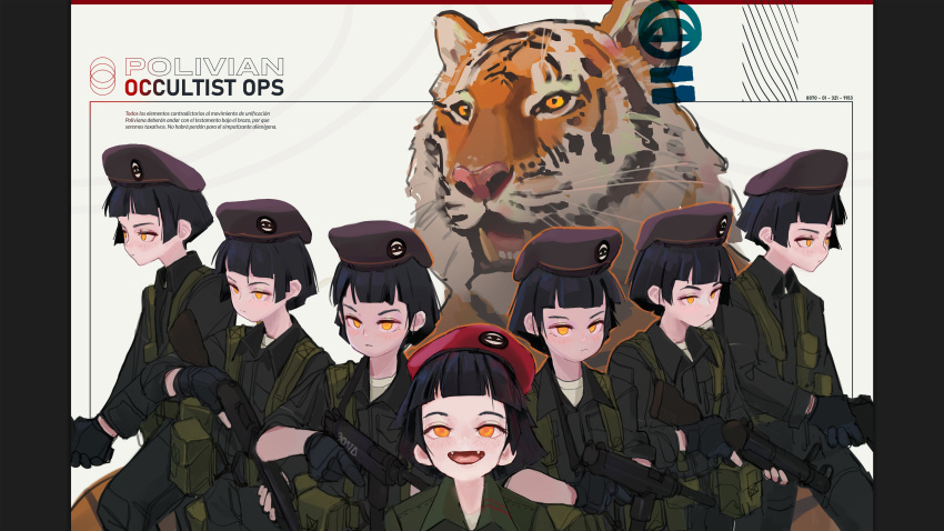 6+girls :d absurdres beret black_gloves black_hair black_jacket blush closed_mouth fangs gloves green_jacket gun hat highres holding holding_gun holding_weapon jacket looking_at_viewer military military_uniform multiple_girls orange_eyes polilla pouch red_headwear short_hair smile soldier tiger trigger_discipline uniform vest weapon weapon_request