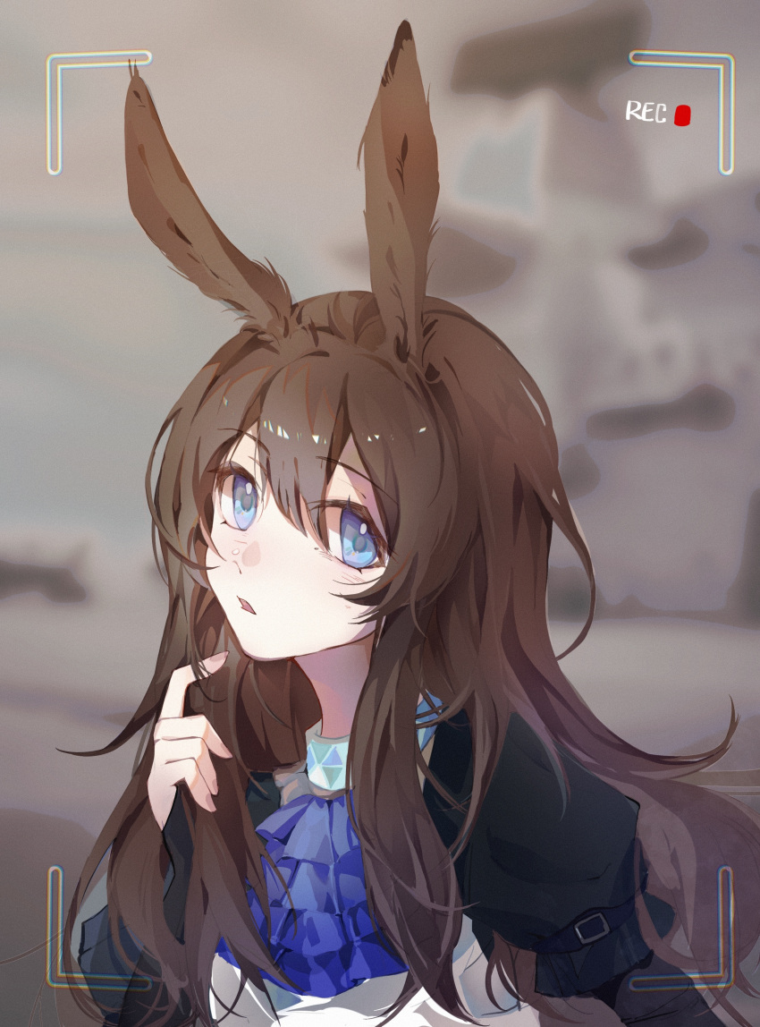 1girl absurdres alternate_hairstyle amiya_(arknights) animal_ears arknights ascot black_jacket blue_ascot blue_collar blue_eyes collar hair_between_eyes hair_down hand_in_own_hair hand_up highres jacket jewelry jpg3045129 long_hair looking_at_viewer neck_ring open_mouth parted_lips rabbit_ears recording shirt sidelocks solo upper_body viewfinder white_shirt