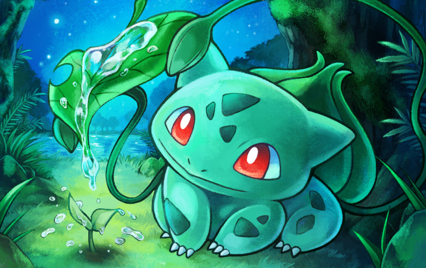 akuru_(akr369akr) bright_pupils bulbasaur claws closed_mouth commentary_request grass leaf no_humans outdoors pokemon pokemon_(creature) red_eyes smile solo water water_drop watering white_pupils