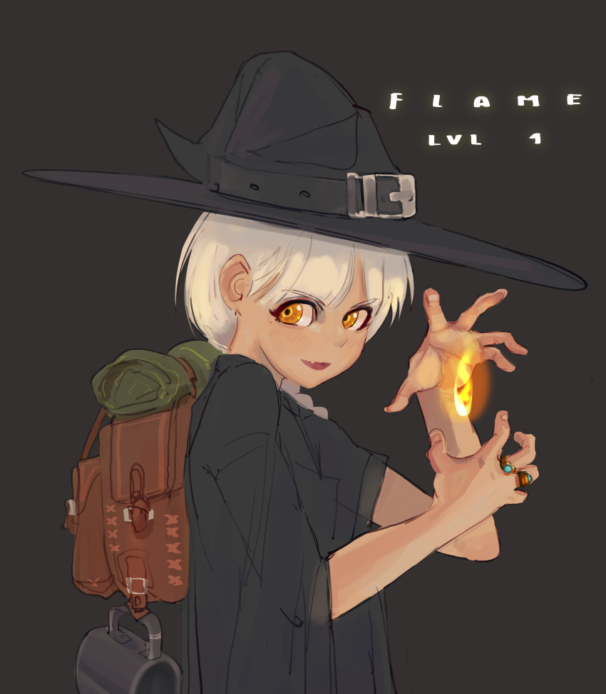 1girl :d absurdres backpack bag black_headwear fang fire from_side grey_background hat hat_belt highres jewelry looking_at_viewer looking_to_the_side magic medium_hair multiple_rings orange_eyes original polilla pyrokinesis ring simple_background skin_fang smile solo upper_body white_hair wide_sleeves witch_hat
