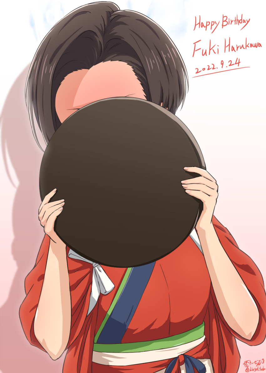 1girl brown_hair commentary_request covering_face dated diesel-turbo facing_viewer happy_birthday harukawa_fuki highres japanese_clothes kimono lycoris_recoil open_mouth red_kimono short_hair solo tray upper_body waitress