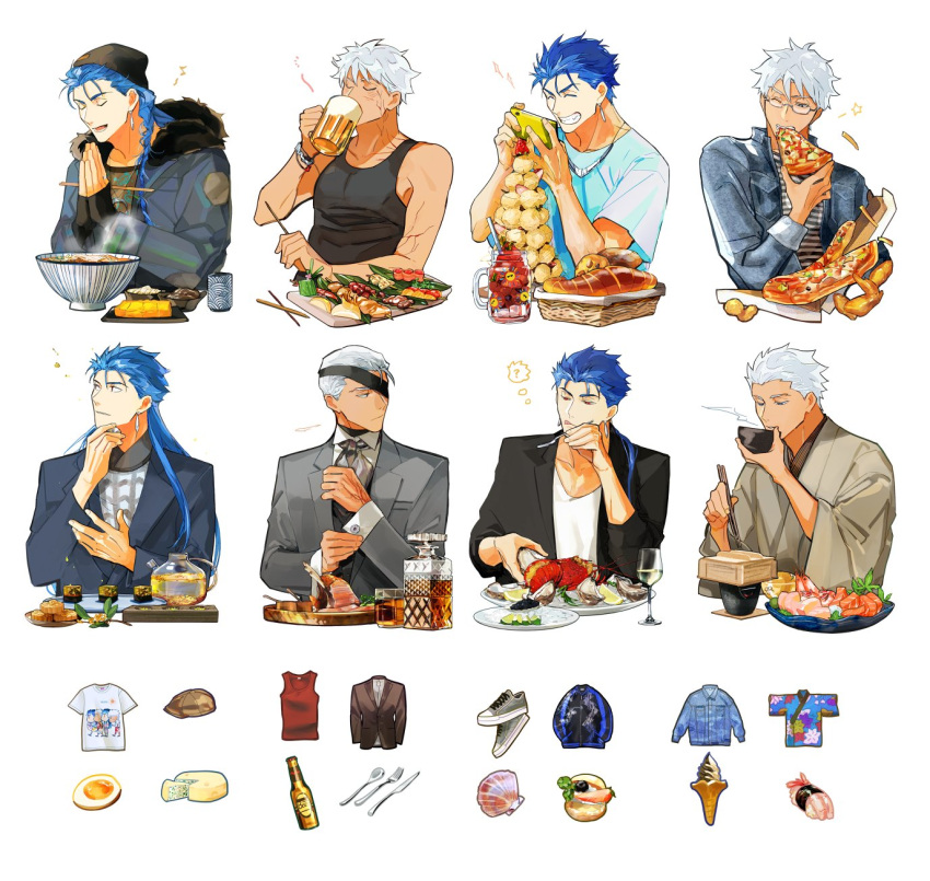 4boys ? alcohol archer_(fate) archer_alter_(fate) beanie beer beer_mug black_suit black_tank_top blue_hair blue_shirt blue_suit bowl bread cheese chicken_wing closed_eyes closed_mouth commentary corruption crimo cu_chulainn_(caster)_(fate) cu_chulainn_(fate) cup cutlery dark-skinned_male dark_skin denim denim_jacket donburi drink drinking drinking_glass egg fate/grand_order fate/stay_night fate_(series) food fork formal fruit fur-trimmed_jacket fur_trim grey_suit hat highres holding holding_bowl holding_food holding_fork holding_pizza ice_cream jacket japanese_clothes kimono lemon lemon_slice lobster long_hair looking_at_object mug multiple_boys musical_note omelet own_hands_together oyster pizza red_eyes red_tank_top sashimi seashell shell shirt shoes short_hair steak steam suit sushi symbol-only_commentary t-shirt tank_top teapot upper_body variations white_background white_hair white_shirt wine_glass