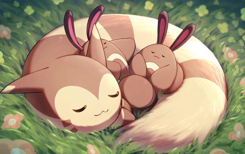 :3 closed_eyes closed_mouth commentary_request evolutionary_line flower furret grass lying naoki_eguchi no_humans pokemon pokemon_(creature) sentret sleeping