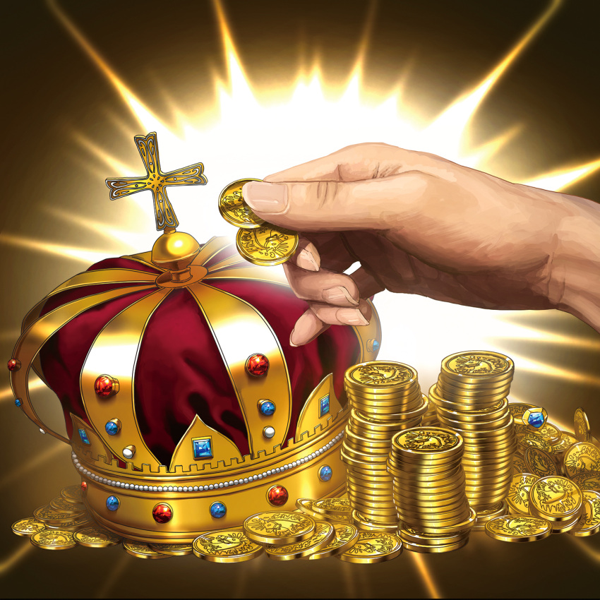 1other blue_gemstone coin commentary_request cross crown fingernails fuda_no_kataribe gem gold hand_focus highres holding holding_coin minami_koyogi official_art red_gemstone solo