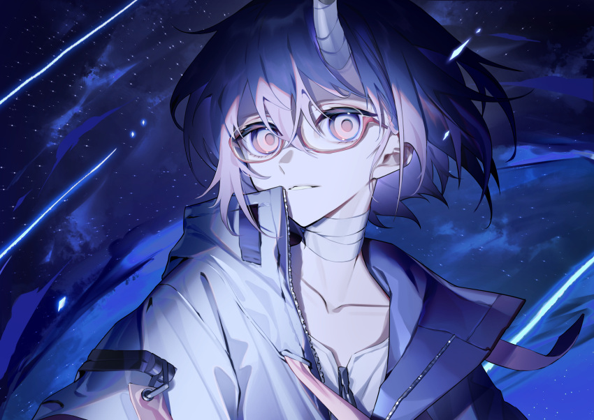 1girl absurdres bandaged_neck bandages bangs blue_hair blue_jacket clouds collarbone commentary_request glasses hair_between_eyes haizome_senri highres horns jacket kashi_otoha looking_at_viewer night night_sky official_art open_clothes open_jacket outdoors parted_lips red-framed_eyewear semi-rimless_eyewear shirt single_horn sky solo star_(sky) starry_sky under-rim_eyewear upper_body versen virtual_youtuber white_shirt