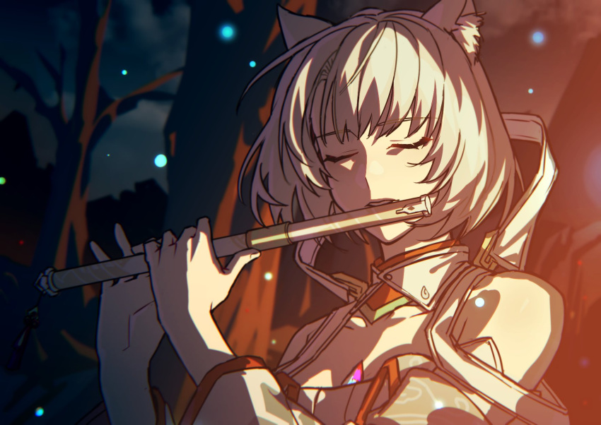 animal_ears cat_ears chest_jewel flute highres instrument mio_(xenoblade) music playing_instrument short_hair white_hair xenoblade_chronicles_(series) xenoblade_chronicles_3 yama_ym0000
