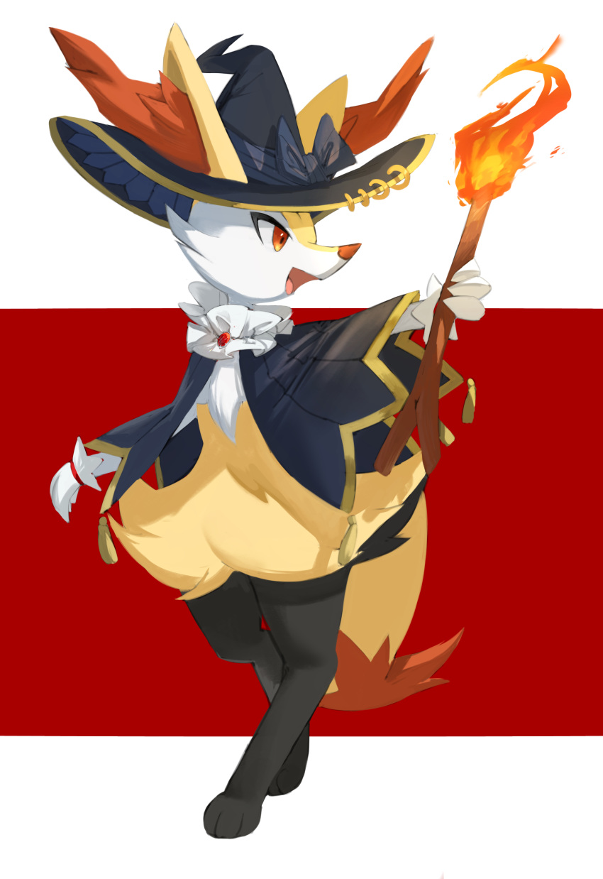:d absurdres animal_ear_fluff black_capelet black_headwear braixen capelet commentary fire full_body happy hat highres holding holding_stick horezai looking_to_the_side open_mouth pokemon pokemon_(creature) red_eyes smile solo stick tongue witch_hat