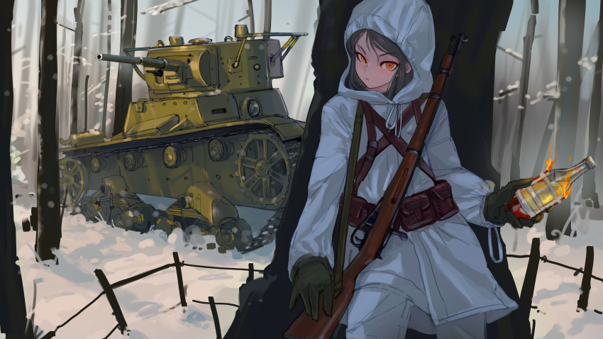 1girl absurdres bare_tree black_gloves bolt_action bottle brown_hair commission forest gloves ground_vehicle gun head_tilt highres holding holding_bottle hood hood_up jacket looking_at_viewer military military_vehicle molotov_cocktail mosin-nagant motor_vehicle nature orange_eyes original polilla rifle snow solo t-26 tank tank_focus tree v-shaped_eyebrows vehicle_focus weapon white_jacket