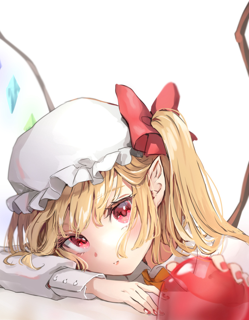 1girl blonde_hair blush bow closed_mouth collared_shirt commentary crystal expressionless fingernails flandre_scarlet hair_bow hat highres holding looking_at_viewer mob_cap nail_polish one_side_up pointy_ears portrait red_bow red_eyes red_nails shironeko_yuuki shirt simple_background sleeve_cuffs solo touhou white_background white_headwear white_shirt wings