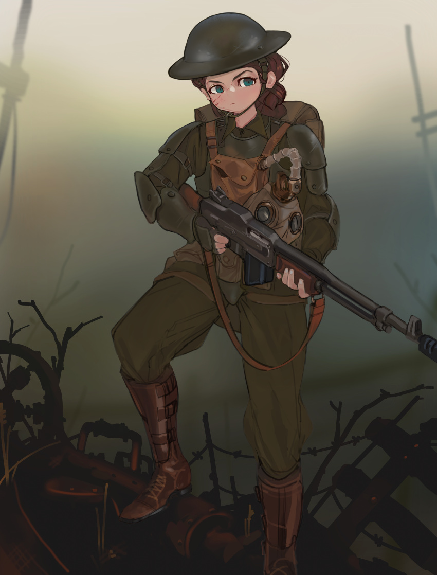 1girl absurdres backpack bag barbed_wire blood blood_on_face blue_eyes boots braid brodie_helmet brown_footwear colt_monitor commission gas_mask green_pants gun hair_behind_ear helmet highres holding holding_gun holding_weapon light_machine_gun looking_to_the_side machine_gun mask mask_removed military military_helmet military_uniform original pants polilla rifle solo uniform weapon