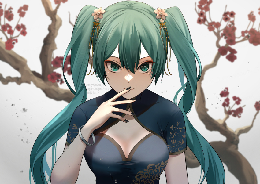 1girl aqua_eyes aqua_hair breasts china_dress chinese_clothes closed_mouth covering_mouth dress hair_between_eyes hair_ornament hand_over_own_mouth hatsune_miku highres long_hair medium_breasts noizu_(noi_hr) smile solo twintails very_long_hair vocaloid