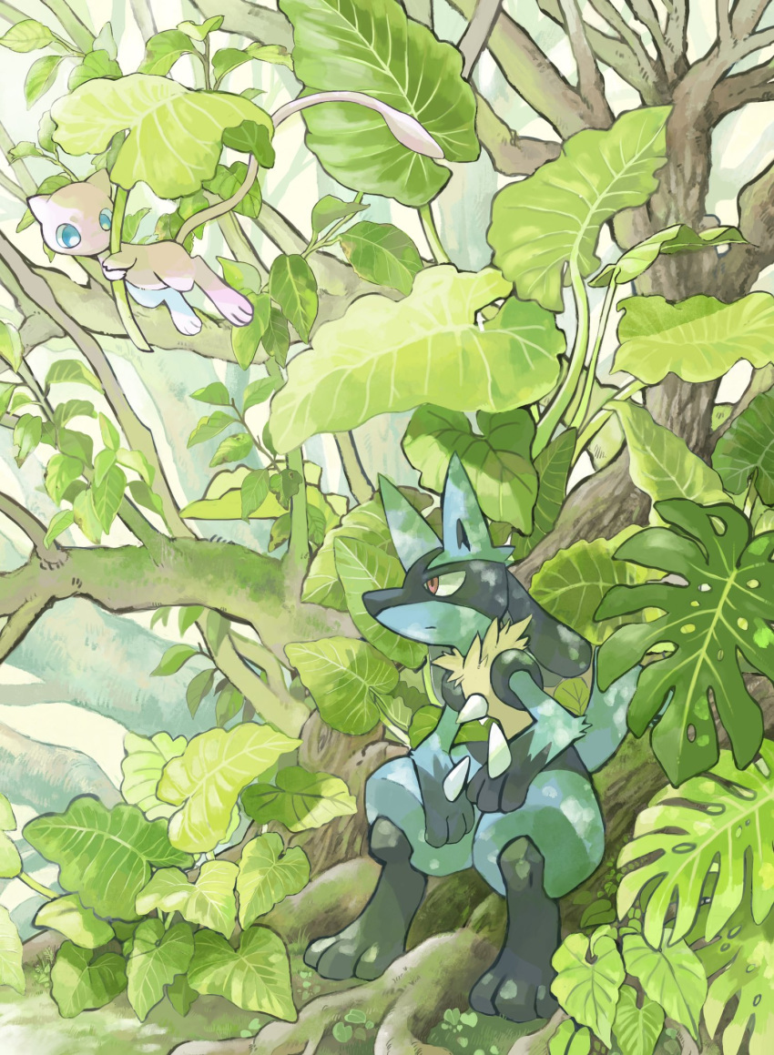 blue_eyes bright_pupils closed_mouth commentary_request day highres holding holding_leaf izumi_asuka leaf lucario mew outdoors pokemon pokemon_(creature) roots sitting spikes white_pupils yellow_fur
