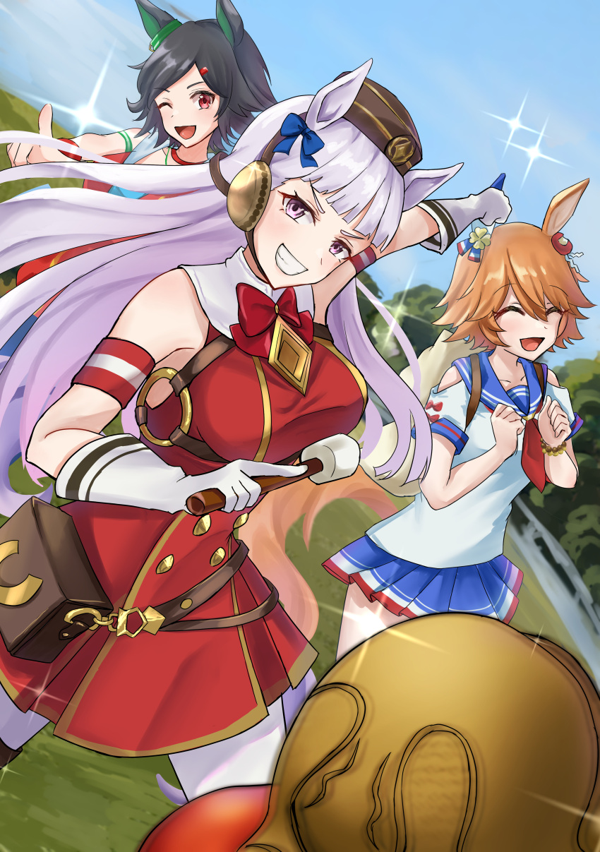 3girls ;d ^_^ absurdres animal_ears bangs black_hair blue_bow blue_skirt blunt_bangs bow bowtie brown_headwear closed_eyes clover_hair_ornament drumsticks ear_bow ear_covers ear_ornament ema flipped_hair gloves gold_ship_(umamusume) grey_hair hair_between_eyes hair_ornament highres holding holding_drumsticks horse_ears horse_girl horse_tail light_brown_hair long_hair looking_at_viewer maneki-neko matikanefukukitaru_(umamusume) multiple_girls neckerchief one_eye_closed pillbox_hat pleated_skirt pointing pointing_at_viewer red_bow red_bowtie red_eyes red_neckerchief school_uniform serafuku short_hair short_sleeves single_ear_cover skirt sleeveless smile sodemaru_unagi solo_focus swept_bangs tail umamusume violet_eyes white_gloves winning_ticket_(umamusume) wooden_fish