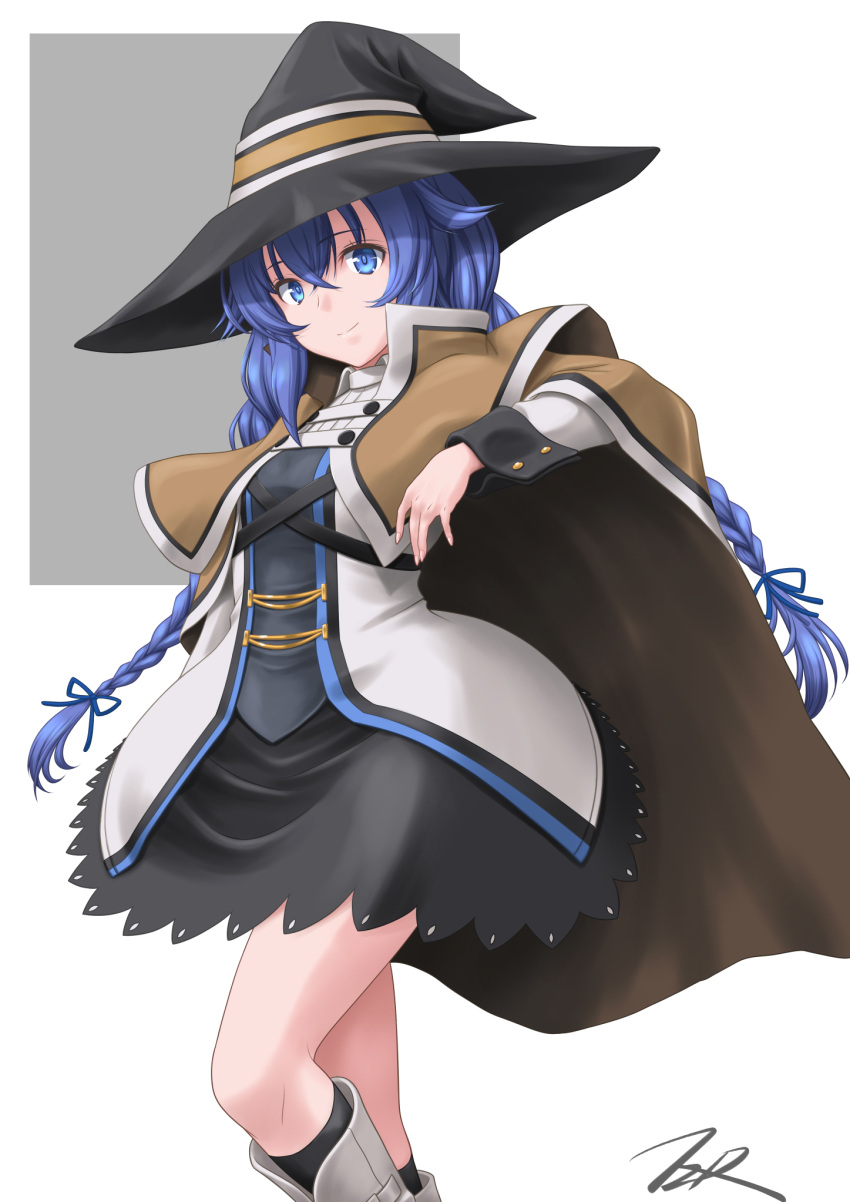 bangs black_headwear black_skirt black_socks blue_eyes blue_hair boots braid brown_cape cape closed_mouth floating_hair hair_between_eyes hat highres long_hair miniskirt mushoku_tensei roxy_migurdia signature skirt smile socks standing t2r twin_braids twintails very_long_hair white_background white_footwear witch_hat