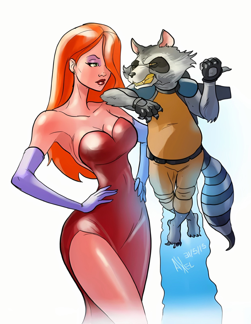 animal_ears artist_name artist_signature axel_medellin bare_shoulders breasts busty clothing crossed_legs crossover disney dress earrings elbow_gloves english english_text facebook_username gloves green_eyes guardians_of_the_galaxy hair_over_one_eye hands_on_hips high_resolution jessica_rabbit jetpack jewelry large_breasts looking_at_another makeup marvel_comics mascara raccoon raccoon_ears raccoon_tail red_dress red_lips redhead rocket_raccoon shiny shiny_skin signature sleeveless sleeveless_dress tail text tumblr_username very_high_resolution web_address who_framed_roger_rabbit wide_hips