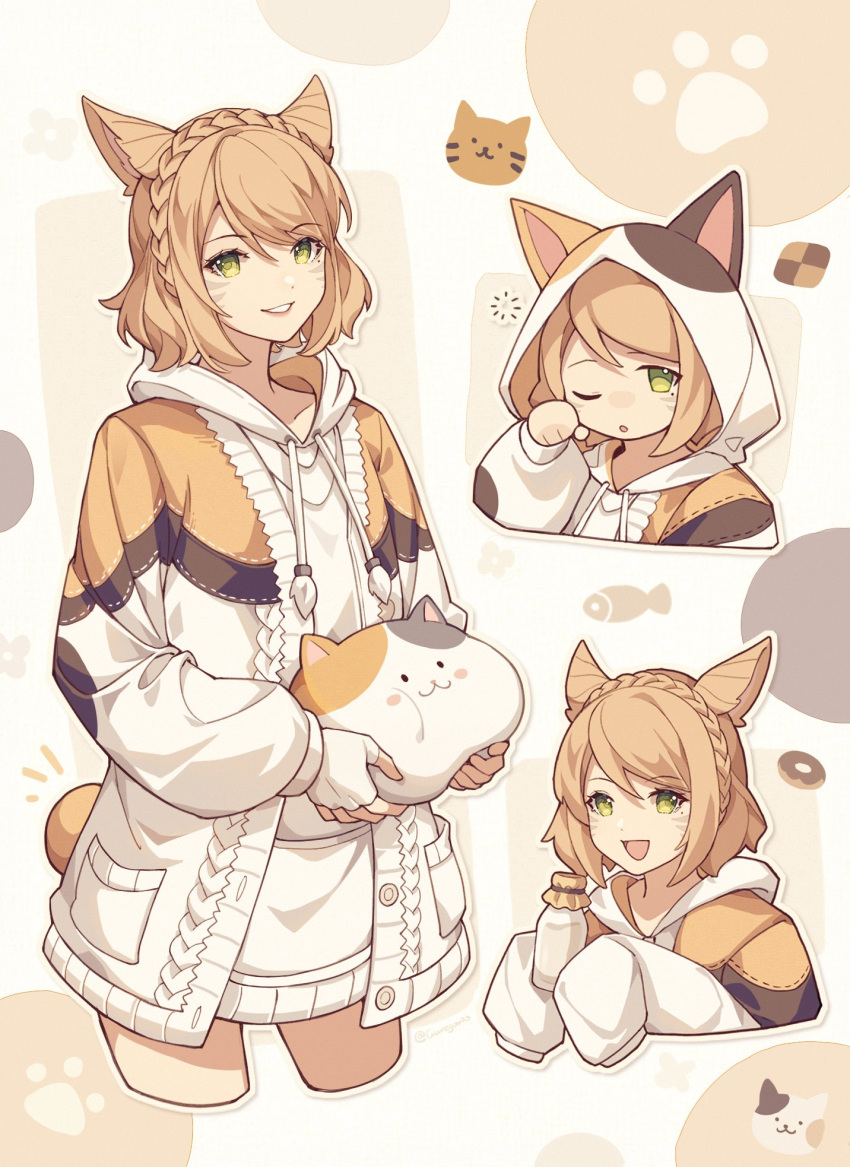 1girl 9yuki :d animal animal_ears animal_hood avatar_(ff14) bangs blonde_hair bottle braid buttons cable_knit cat cat_ears cat_hood cat_tail chibi commentary cropped_legs cropped_torso crown_braid facial_mark fat_cat_(ff14) final_fantasy final_fantasy_xiv fingerless_gloves gloves green_eyes grin hand_up highres holding holding_animal holding_bottle holding_cat hood hood_down hood_up hoodie long_sleeves looking_at_viewer milk_bottle miqo'te mole mole_under_eye multiple_views notice_lines one_eye_closed outline paw_print pocket puffy_long_sleeves puffy_sleeves short_hair single_braid sleepy sleeves_past_fingers sleeves_past_wrists smile standing swept_bangs symbol-only_commentary tail two-tone_background white_gloves white_hoodie white_outline