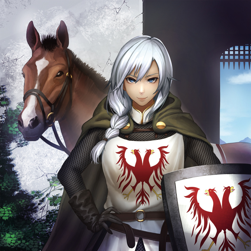 1girl armor bangs black_gloves blue_eyes braid bush chainmail closed_mouth commentary_request cowboy_shot emblem fuda_no_kataribe gate gloves hair_between_eyes hair_over_one_eye highres holding holding_shield horse knight long_hair looking_at_viewer minami_koyogi official_art reins shield side_braid single_braid smile solo two-headed_eagle white_hair