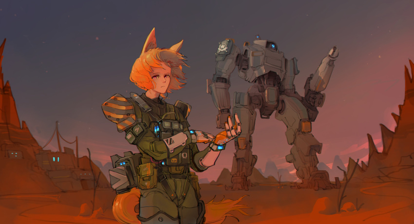 1girl absurdres animal_ears closed_mouth commission cowboy_shot exoskeleton floating_hair gloves green_jacket green_pants highres jacket looking_at_viewer mecha medium_hair orange_hair original outdoors pants polilla red_eyes robot science_fiction solo uniform wide_shot