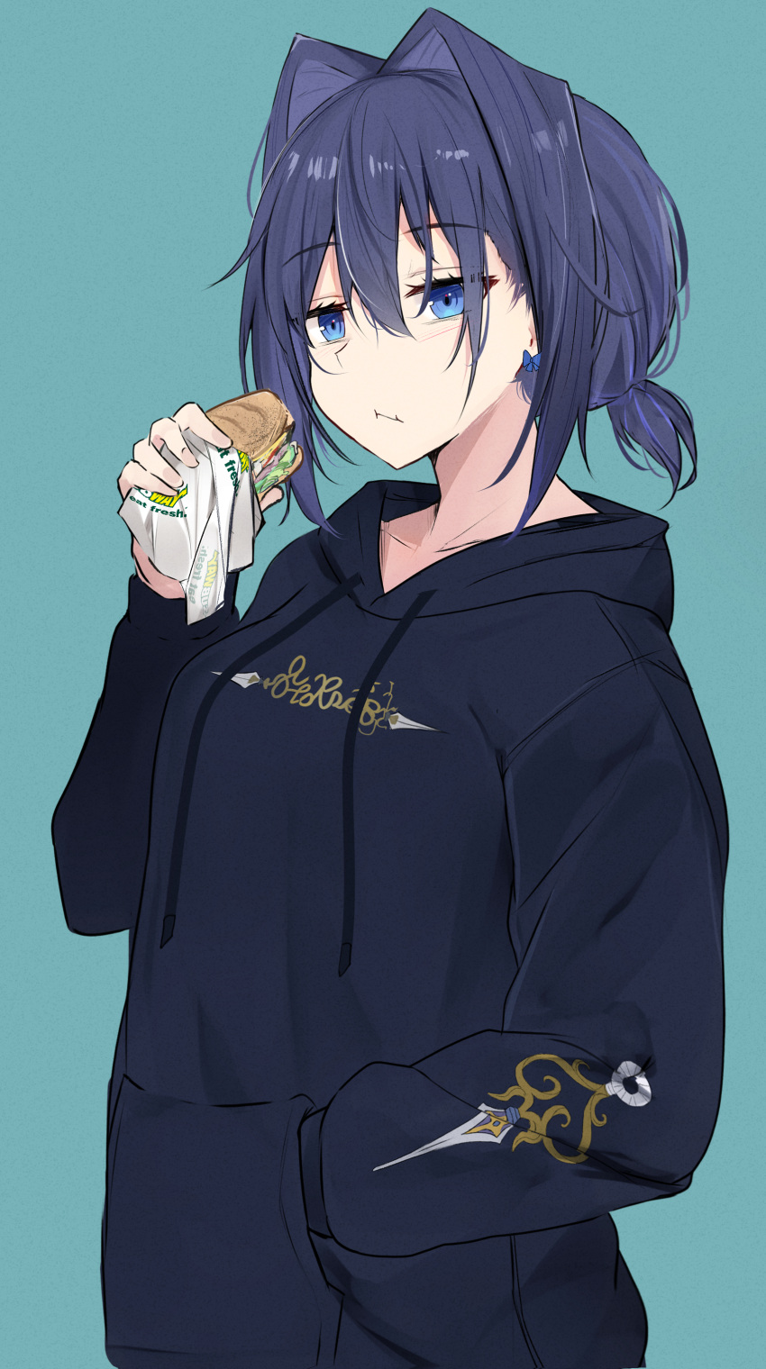 1girl absurdres bangs blue_background blue_eyes blue_hair blue_hoodie burger closed_mouth eating food hair_between_eyes hair_intakes hand_in_pocket highres holding holding_food hololive hololive_english hood hoodie long_sleeves looking_away low_twintails ouro_kronii short_ponytail shuuzo3 simple_background solo twintails