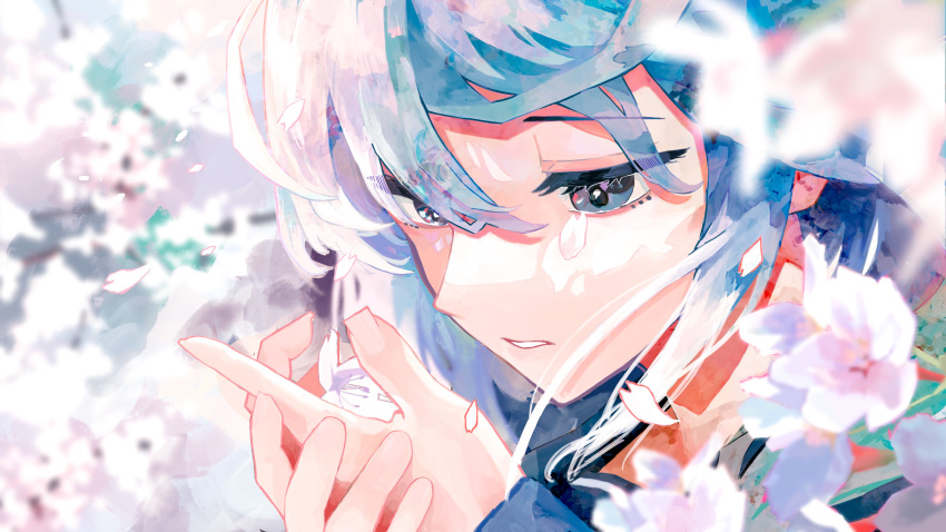 1girl bangs blue_eyes blue_hair blurry blurry_background cherry_blossoms close-up depth_of_field flower hair_between_eyes hatsune_miku highres looking_down own_hands_together parted_lips petals portrait sion001250 solo vocaloid