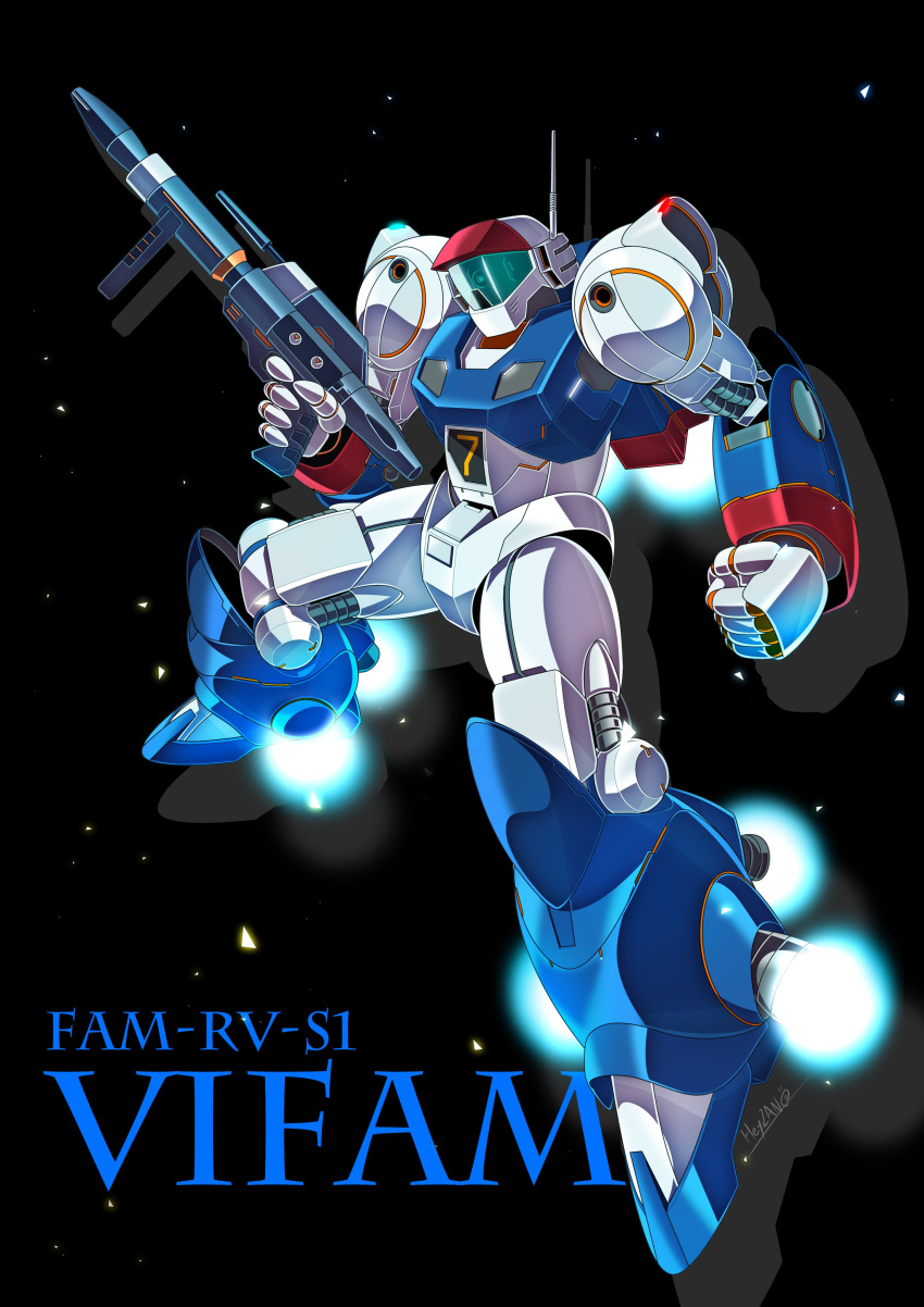 absurdres assault_visor character_name clenched_hand commission ginga_hyouryuu_vifam gun head_tilt heyzan highres holding holding_gun holding_weapon mecha no_humans radio_antenna robot science_fiction skeb_commission solo space vernier_thrusters vifam weapon