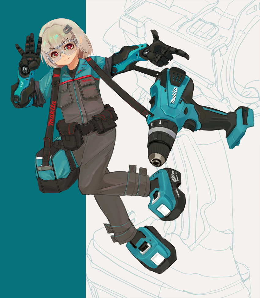 1girl android bag boots closed_mouth full_body goggles grey_jacket grey_pants hair_ornament hairclip highres jacket joints looking_at_viewer mechanical_arms medium_hair original pants polilla power_drill red_eyes robot_joints shoulder_bag smile solo white_hair