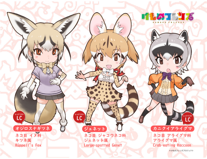 3girls animal_costume animal_ear_fluff animal_ears bow bowtie brown_eyes brown_hair closed_mouth crab-eating_raccoon_(kemono_friends) extra_ears gloves grey_hair highres kemono_friends kneehighs large-spotted_genet_(kemono_friends) long_hair looking_at_viewer multicolored_hair multiple_girls official_art open_mouth ribbon rueppell's_fox_(kemono_friends) shirt shoes short_hair simple_background skirt smile socks twintails yoshizaki_mine