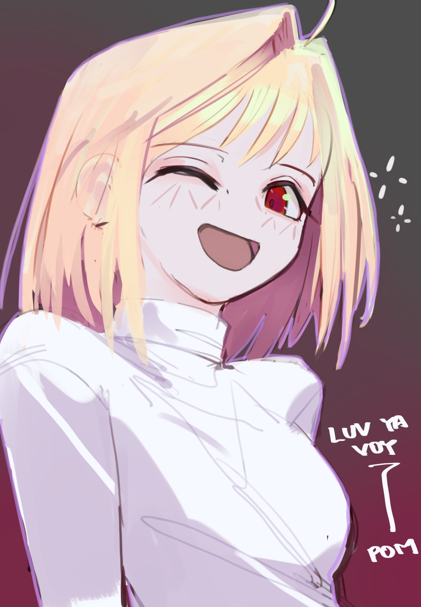 1girl :d absurdres ahoge arcueid_brunestud blonde_hair breasts hair_intakes highres looking_at_viewer medium_hair one_eye_closed one_eye_open open_mouth polilla red_background shirt smile solo tsukihime type-moon upper_body white_shirt