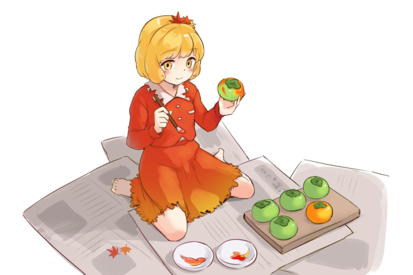 1girl aki_shizuha barefoot blonde_hair blush buttons closed_mouth food fruit hair_ornament holding holding_food holding_fruit holding_paintbrush itatatata leaf_hair_ornament long_sleeves newspaper paintbrush persimmon red_shirt red_skirt shirt short_hair simple_background skirt smile solo touhou white_background yellow_eyes