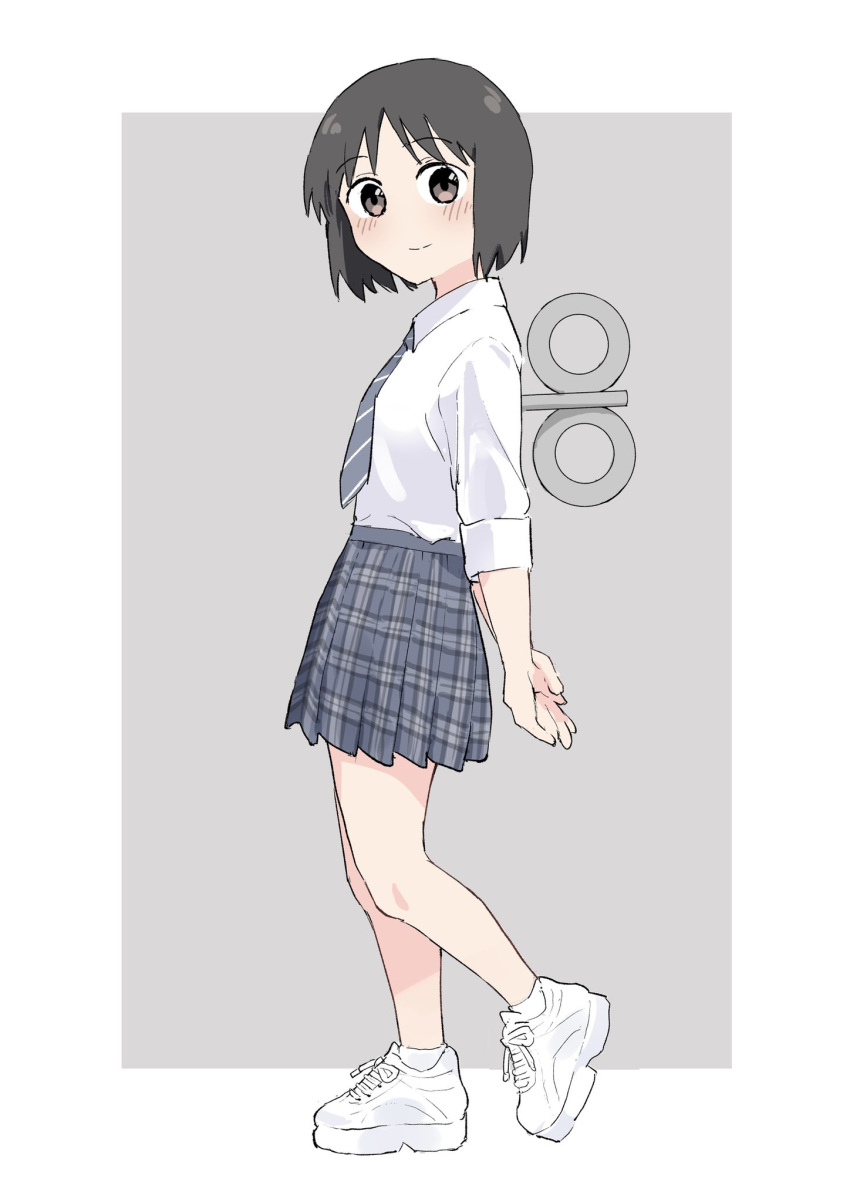 arms_behind_back black_eyes black_hair blush closed_mouth commentary_request from_side full_body grey_skirt highres looking_at_viewer looking_to_the_side nichijou ookiiayu plaid plaid_skirt school_uniform shinonome_nano shirt shoes short_hair skirt sleeves_rolled_up sneakers solo tokisadame_school_uniform white_footwear white_shirt winding_key