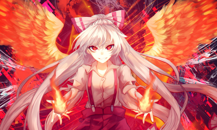1girl absurdres bangs bow collared_shirt commentary_request cowboy_shot feathered_wings fiery_wings fire fujiwara_no_mokou grin hair_bow highres long_hair looking_at_viewer mirimo pants pyrokinesis red_bow red_eyes red_pants shirt smile solo suspenders torn_clothes torn_sleeves touhou two-tone_bow very_long_hair white_bow white_hair white_shirt wings