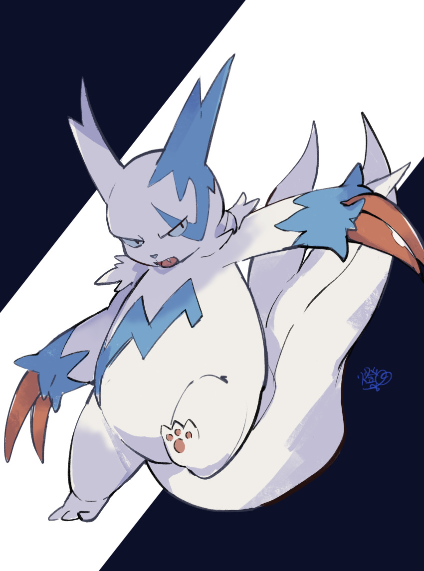 absurdres alternate_color claws commentary fang full_body highres leg_up looking_to_the_side no_humans open_mouth pokemon_(creature) shiny_pokemon signature solo symbol-only_commentary toukashi_(2tou9) white_fur zangoose