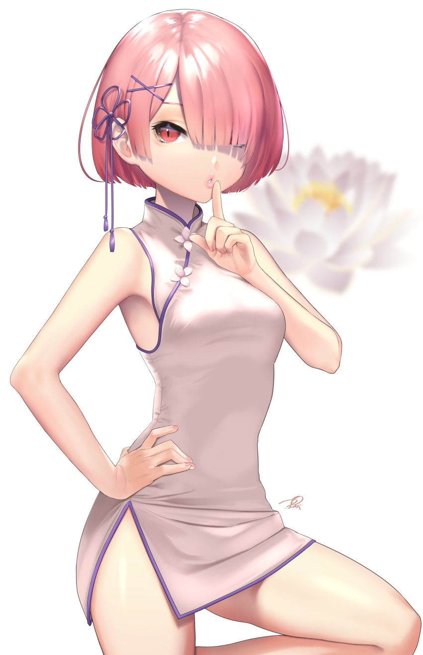 1girl absurdres bare_arms bare_shoulders breasts china_dress chinese_clothes dress finger_to_mouth flower hair_ornament hair_over_one_eye hand_on_hip hand_up highres index_finger_raised leg_up lotus medium_breasts nail_polish pink_eyes pink_hair pink_lips pink_nails puchiman pursed_lips ram_(re:zero) re:zero_kara_hajimeru_isekai_seikatsu short_hair side_slit simple_background sleeveless sleeveless_dress solo white_background white_dress white_flower x_hair_ornament