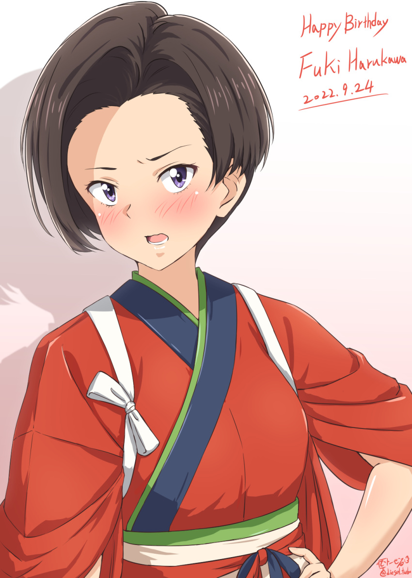 1girl brown_eyes brown_hair commentary_request dated diesel-turbo hand_on_hip happy_birthday harukawa_fuki highres japanese_clothes kimono looking_at_viewer lycoris_recoil open_mouth red_kimono short_hair solo upper_body waitress