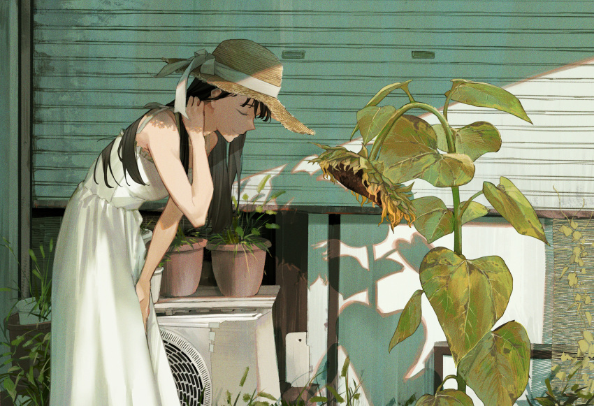 1girl absurdres adjusting_hair air_conditioner black_hair closed_eyes closed_mouth day dress flower hand_up hat highres kento_matsuura long_hair original outdoors plant potted_plant shadow solo straw_hat summer sun_hat sundress sunflower white_dress yellow_flower