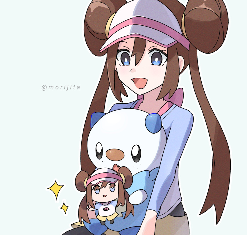 1girl :d absurdres bangs blue_eyes bow bright_pupils brown_hair character_doll commentary_request doll double_bun doughnut_hair_bun eyelashes hair_between_eyes hair_bun happy highres holding holding_doll jayj_824 on_lap open_mouth oshawott pink_bow pokemon pokemon_(creature) pokemon_(game) pokemon_bw2 pokemon_on_lap rosa_(pokemon) shorts smile sparkle tongue twintails visor_cap white_background white_pupils yellow_shorts