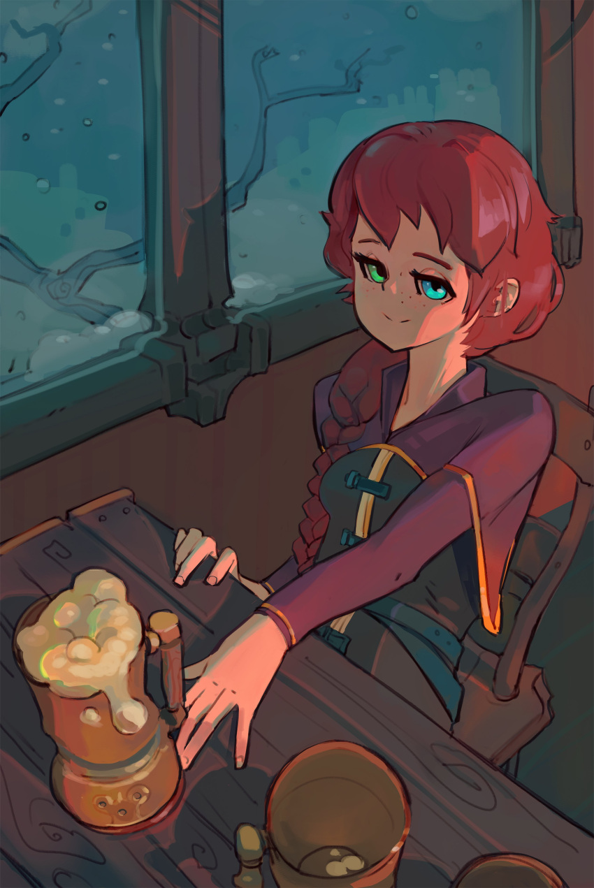 1girl absurdres beer_mug blue_eyes braid capelet chair closed_mouth commission cup freckles green_eyes hair_over_shoulder heterochromia highres long_hair looking_at_viewer mug on_chair original polilla redhead sitting smile solo table window
