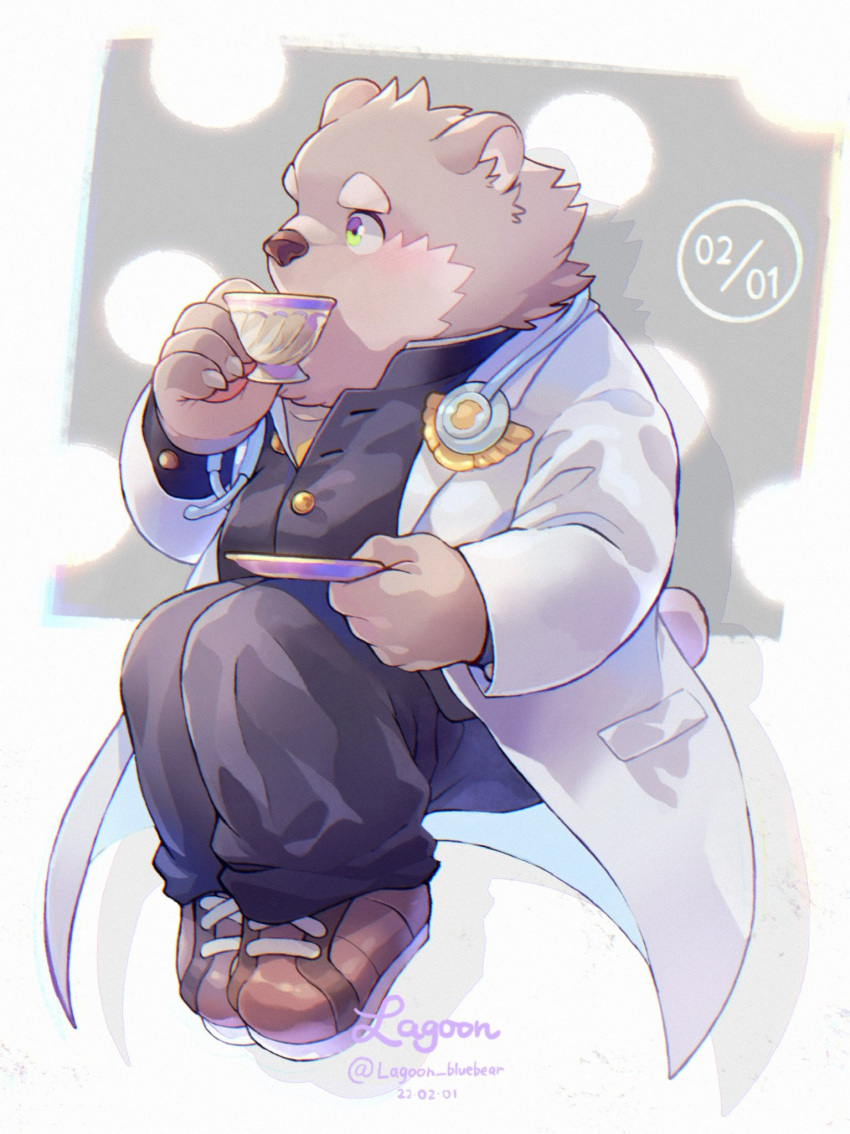1boy animal_ears animal_nose bear_boy bear_ears bear_tail black_pants blush brown_footwear chromatic_aberration cup dated full_body furry furry_male gakuran green_eyes grey_background highres holding holding_cup holding_plate jambavan_(housamo) labcoat looking_to_the_side male_focus pants plate polka_dot polka_dot_background ragun_(lagoon_bluebear) school_uniform shoes signature sitting snout solo stethoscope tail thick_eyebrows tokyo_afterschool_summoners twitter_username