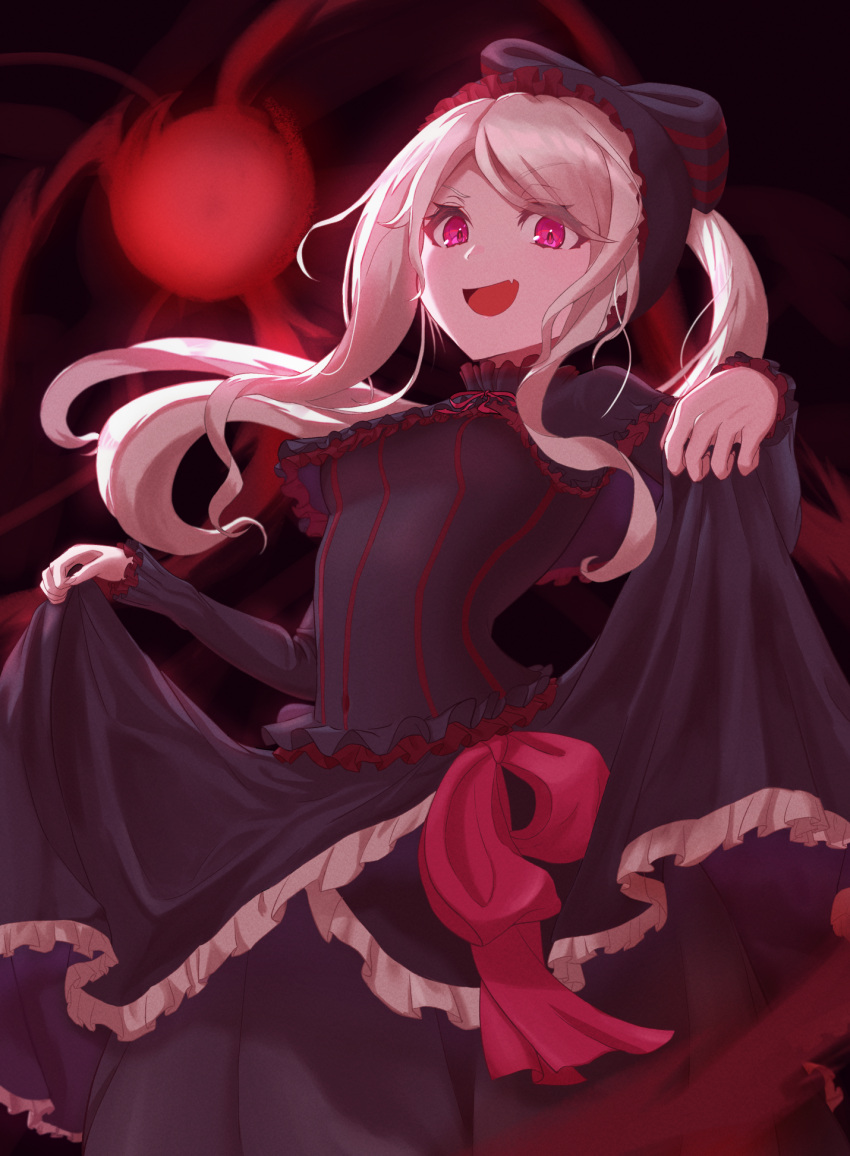 1girl :d bangs black_bow black_dress bow breasts covered_navel dress frilled_dress frills gothic_lolita hair_bow highres lolita_fashion long_hair looking_at_viewer medium_breasts open_mouth overlord_(maruyama) pink_eyes ponytail red_bow red_eyes ru_wan_chi shalltear_bloodfallen shiny shiny_hair smile solo vampire