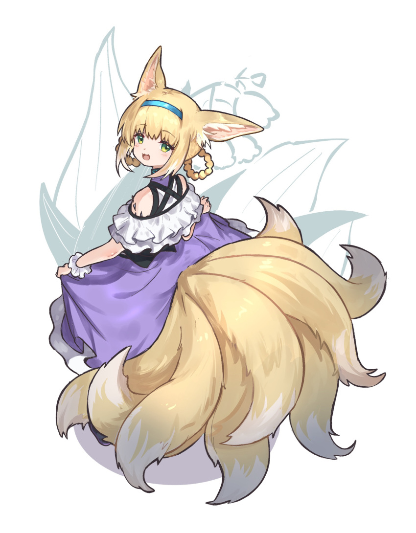 1girl animal_ears arknights bangs blonde_hair blush fox_ears fox_girl fox_tail green_eyes hair_rings hairband highres looking_at_viewer looking_back mabing multiple_tails open_mouth oripathy_lesion_(arknights) purple_skirt shirt short_hair skirt skirt_hold smile solo standing suzuran_(arknights) tail white_shirt wrist_cuffs